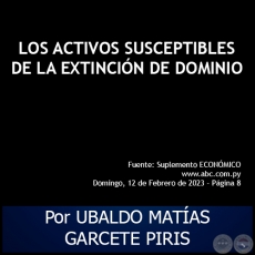 LOS ACTIVOS SUSCEPTIBLES DE LA EXTINCIÓN DE DOMINIO - Por UBALDO MATÍAS GARCETE PIRIS - Domingo, 12 de Febrero de 2023